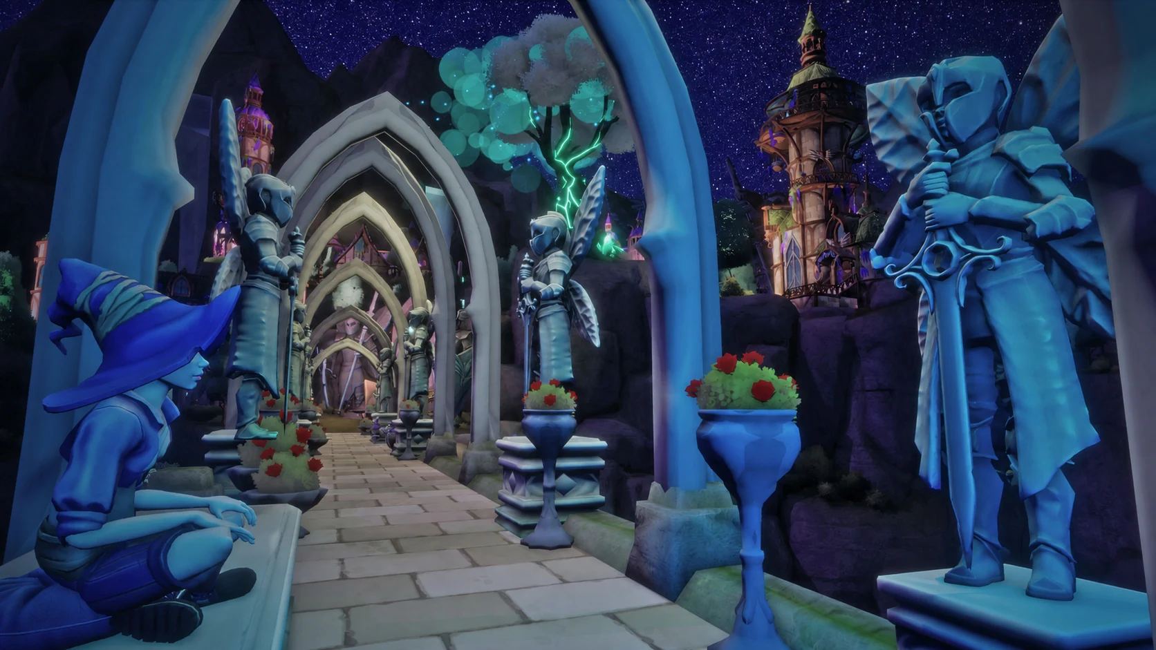 A starry astral realm with arches, winged statues and a glowing tree