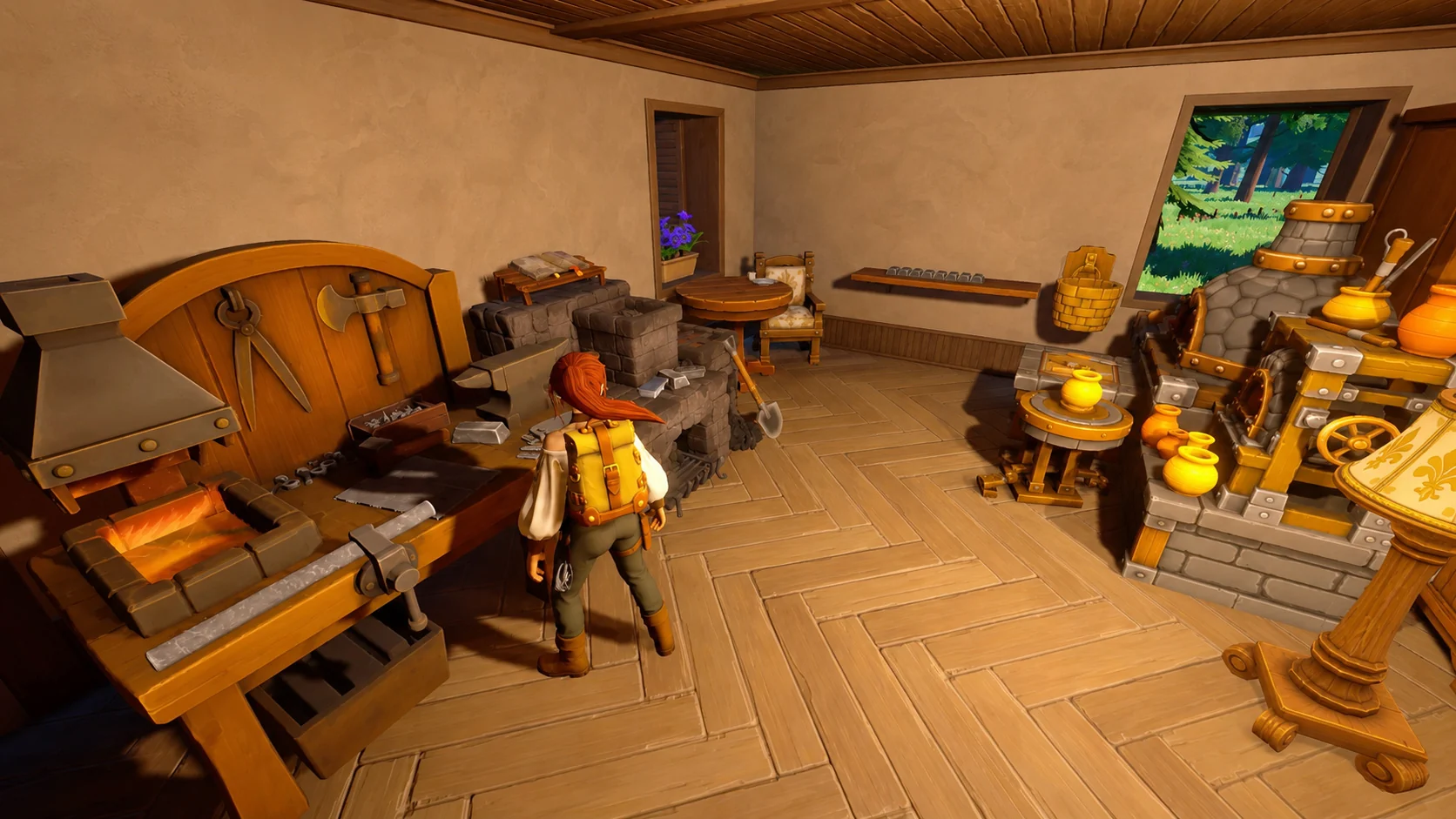 Anna inside a workshop with physical storage and crafting stations