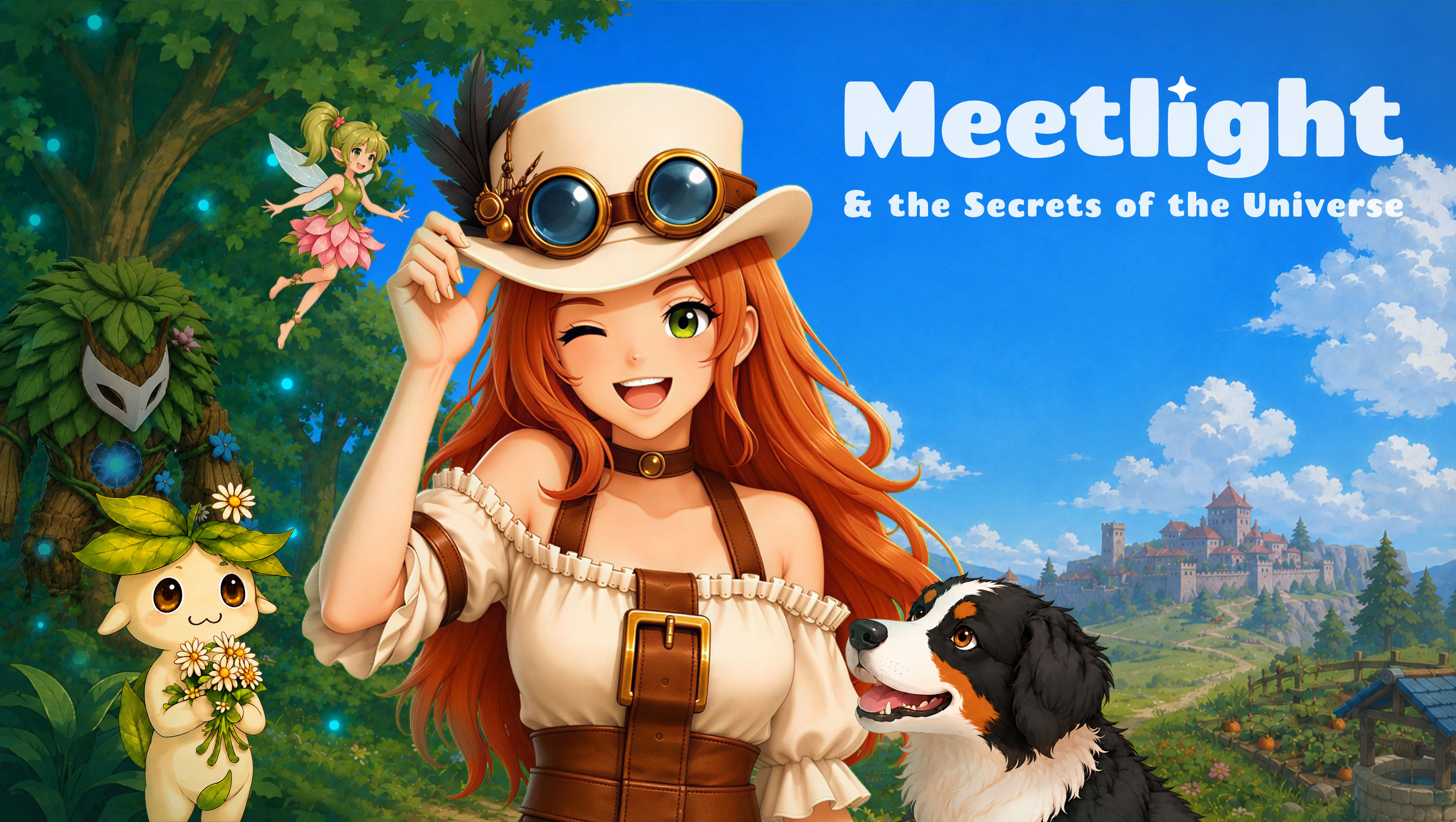 Meetlight key art featuring Anna, Moka, Gus, the fairy and the Guardian in Allaya