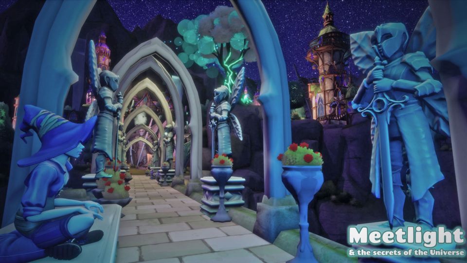 A blue and violet astral city filled with statues