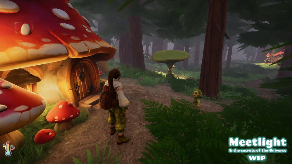 Anna meeting a gnome near a glowing mushroom home