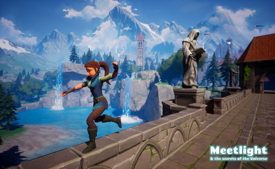 Anna running across a bridge toward a mountain city